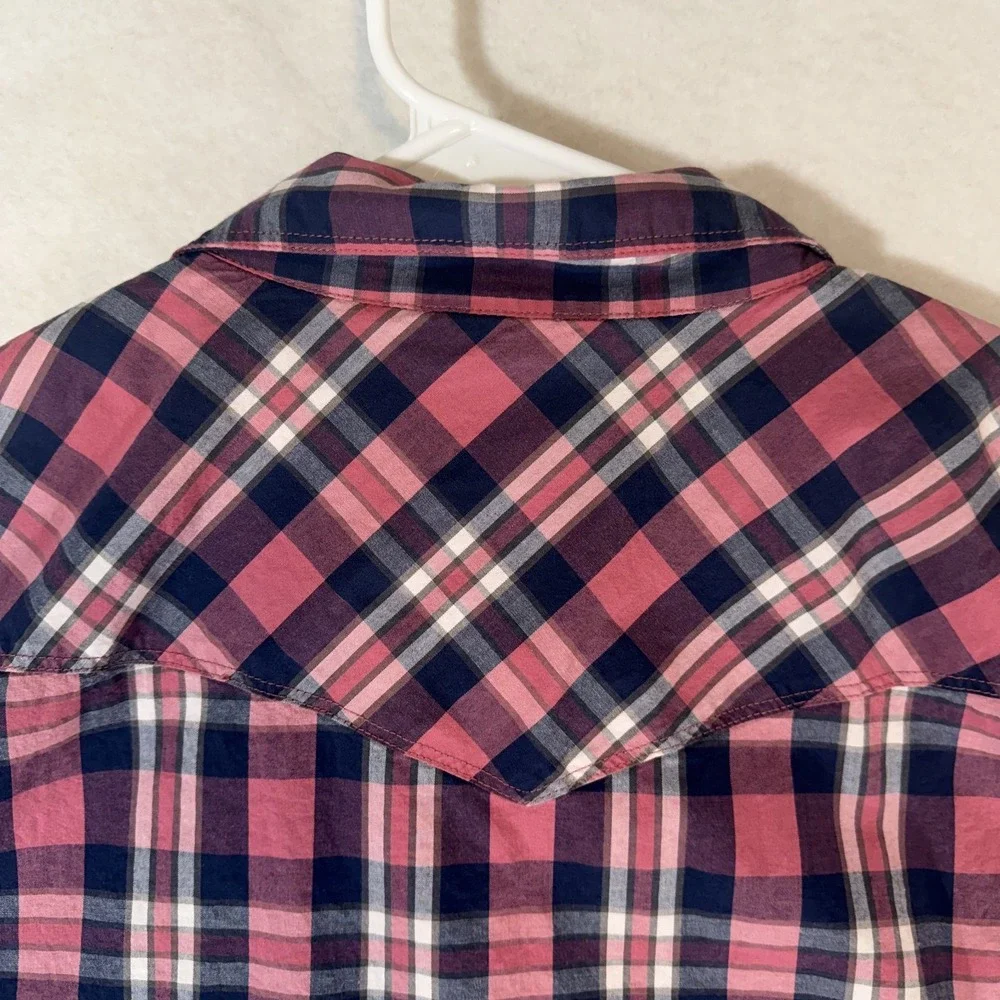 Lucky Brand Mens XXL Pink Navy Plaid Short Sleeve Pearl Snap‎ Western Shirt Y2K